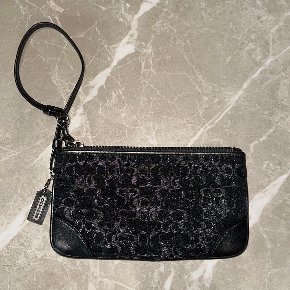 Coach black and silver metallic zip wristlet